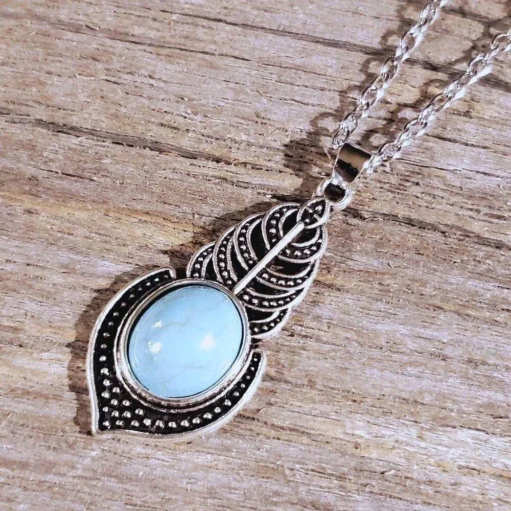 Art Deco Leaves Turquoise Blue Stone Silver Chain Necklace